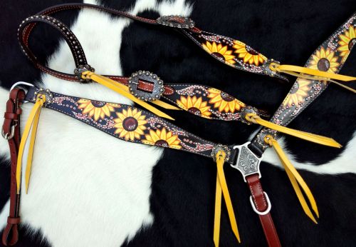 Showman Hand Painted Sunflower Print One Ear Headstall and Breast collar Set #3